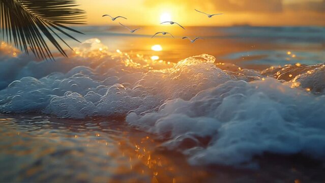 Golden Sunset on the Beach: Serene Ocean Landscape with Sun Setting over the Horizon. Seamless looping 4k timelapse virtual video animation background generated AI