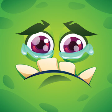 Green monster crying character face expression. Vector cartoon illustration