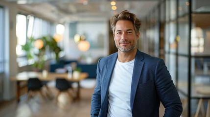 Fototapeta premium Handsome businessman in formal blue suit combined with white t-shirt smiling in modern office with conference room background, posing with hands in trouser pockets