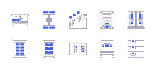 Home furniture icon set. Duotone style line stroke and bold. Vector illustration. Containing chest of drawers, drawers, doors, window, buffet, stairs, wardrobe, bedding.