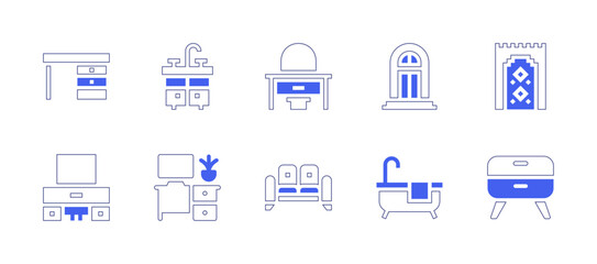 Home furniture icon set. Duotone style line stroke and bold. Vector illustration. Containing door, bedside table, wash basin, desk, dressing table, rug, sofa, bath, computer.