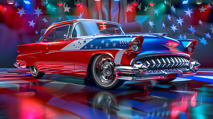 American Independence Day Car with Flag 3D Colorful Background, Generative AI - obrazy, fototapety, plakaty