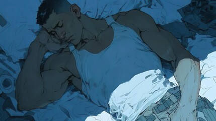 Arte em estilo quadrinhos de gibi: Homem dormindo tranquilo. - obrazy, fototapety, plakaty
