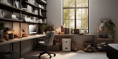 A stylish home office space with a contemporary desk and ergonomic chair, surrounded by inspiring decor.
