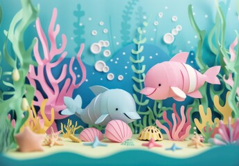 Naklejka premium Two dolphins swimming in the ocean with fish in the background.