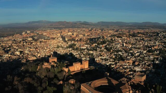 Aerial Drone of Alhambra and Granada City in Southern Spain. 4K Drone view