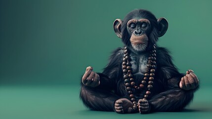 Serene Monkey Meditating in Lotus Position with Mala Beads on Peaceful Green Background