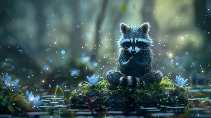Mischievous Raccoon in Lotus Pose Pondering Life Amidst Sparkling Moss Covered Rock - obrazy, fototapety, plakaty