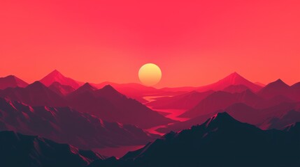 A mountain range with a red sun in the sky