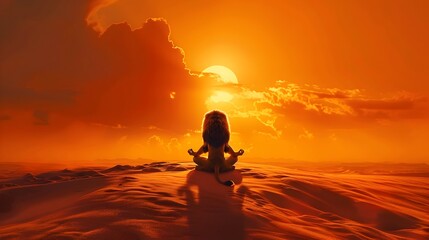 A Majestic Lion Meditating on a Golden Sand Dune Under a Dramatic Sunset Sky - obrazy, fototapety, plakaty