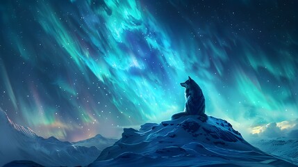 Majestic Wolf in Lotus Meditation Atop Windswept Snow Capped Mountain Under Swirling Aurora Borealis - obrazy, fototapety, plakaty