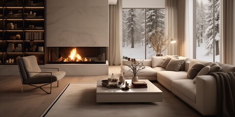 A stylish living area with designer furniture and a statement fireplace, creating a cozy atmosphere.