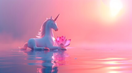 Magical Unicorn Meditating in Surreal Holographic Landscape - obrazy, fototapety, plakaty