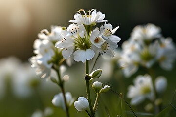 A close up of some white flowers, depicts a detailed view of delicate white blooms. Ideal for nature-themed designs,Soft gently wind grass flowers in aesthetic nature of early morning. Generative AI
