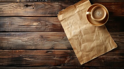 Rich brown wooden background hosting a classic cup of coffee and note paper