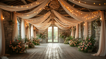 Rustic barn transformed with drapes and lights, a fairytale setting for 'I dos', Countryside...