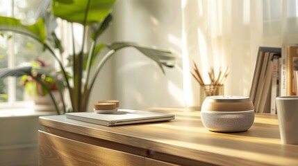 Fototapeta na wymiar Modern design portable speaker on a desk, blending sleek style with functionality on a bright, nice day