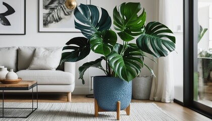 Monstera Plant in a Blue Pot: A Focal Point in a Modern Living Room