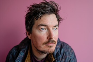 Portrait of a man with a mustache on a pink background.