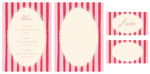 Plantilla de invitación de menú y tarjeta de lugar. Invitación de fiesta de cena. Plantilla de menú con fondo de rayas rosadas y rojas. Patrón de líneas en invitación y centro con ondas.