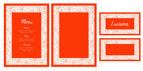 Plantilla de invitación de menú y tarjeta de lugar. Invitación de fiesta de cena. Plantilla de menú con fondo de moños. Patrón de moños en invitación. Menú con marco rojo.