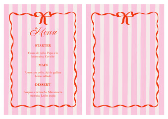 Plantilla de invitación de menú. Invitación de fiesta de cena. Plantilla de menú con fondo de rayas y marco con moño. Fondo de líneas. 