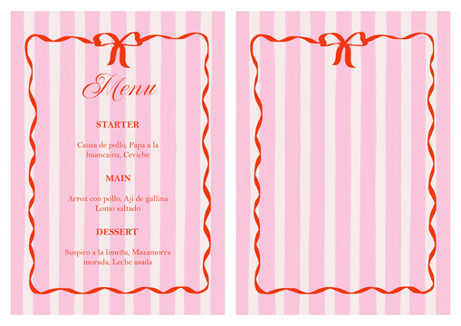 Plantilla de invitaci&oacute;n de men&uacute;. Invitaci&oacute;n de fiesta de cena. Plantilla de men&uacute; con fondo de rayas y marco con mo&ntilde;o. Fondo de l&iacute;neas. 