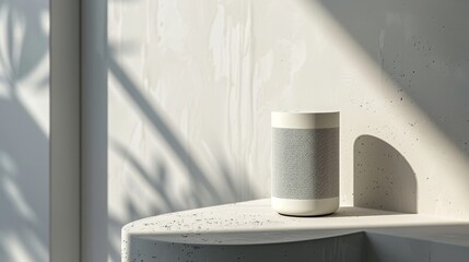 Close view of a chic, contemporary wireless speaker, placed on a pure white surface, perfect for a nice day