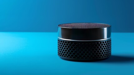 Close-up portrait of a sleek portable speaker isolated on a vibrant blue background, epitomizing modern sound