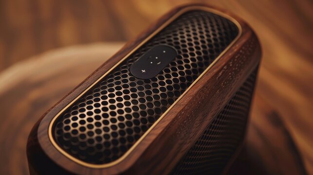Detailed shot of a portable speaker with a luxury finish, on a brown background, blending tradition with modern tech