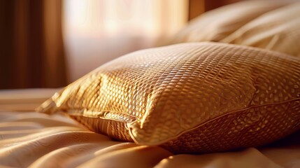 Close-up of a soft pillow on a warm brown background, inviting a night of good dreams - obrazy, fototapety, plakaty