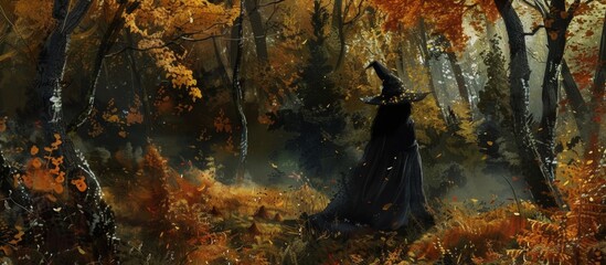 A woman wearing a black dress is elegantly standing among tall trees in a lush forest setting - obrazy, fototapety, plakaty