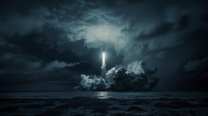A stark launch of a nuclear missile pierces the dark sky, a powerful image of deterrence and strength