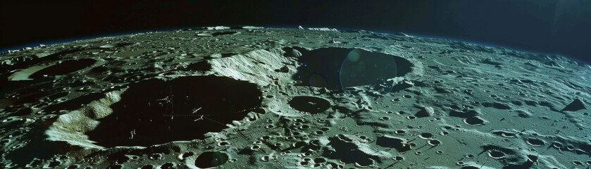 A detailed realistic photo of the surface of the moon showing craters and mountains. - obrazy, fototapety, plakaty