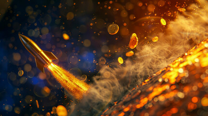 A golden rocket flies through a field of stars, leaving a trail of fire and coins in its wake.