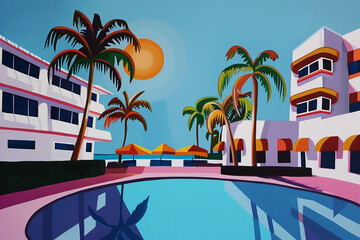 An acrylic artwork captures the essence of a Miami beach resort - Art Deco buildings, a sparkling pool, and the vibrant atmosphere of a summer afternoon. 
