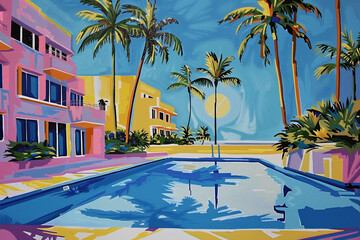 This acrylic painting transports you to a Miami beach resort, showcasing its Art Deco architecture, a pool bathed in midday sun, and summer vibes.