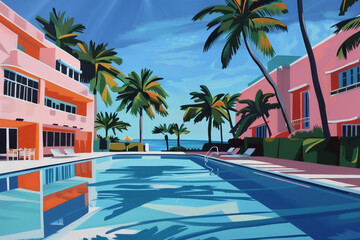 Lush acrylic paints depict a Miami beach resort in all its glory - Art Deco buildings, a refreshing pool, and a sun-drenched summer day.