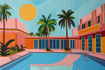 An acrylic painting captures the vibrant energy of a Miami beach resort, showcasing its iconic Art Deco architecture, a glistening pool, and the warmth of a summer noon sun.