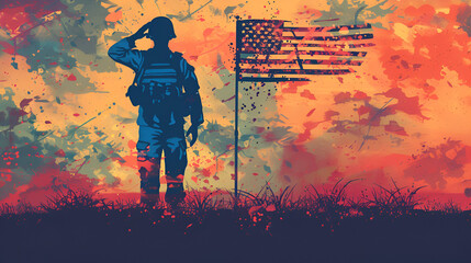 American soldier saluting with American flag in background, Generative AI