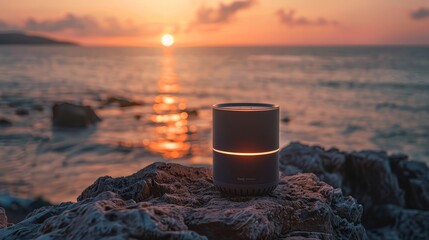 A luxury designed portable speaker stands by the sea at sunset, embodying elegance and musical freedom - obrazy, fototapety, plakaty