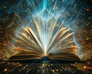 An open book with bright light rays in the background. - obrazy, fototapety, plakaty