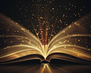 An open book with bright light rays rising from its pages