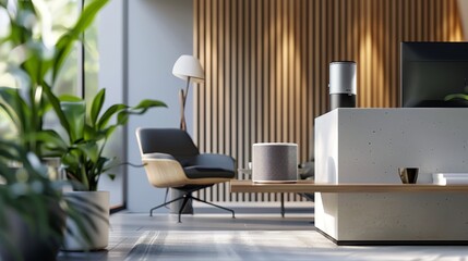 A luxurious portable speaker in a modern office setting, symbolizing premium sound and style