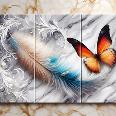 3d illustration, panel wall art, with feather and butterfly silhouette style with marble background - Generative AI