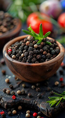 Beautiful presentation of Black Pepper, hyperrealistic food photography