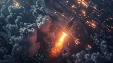 A chilling view of a nuclear missile's journey, launched under the cover of darkness, targeting the heavens - obrazy, fototapety, plakaty