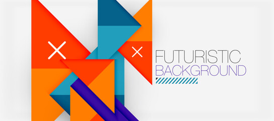 Futuristic art with vibrant azure triangles, electric blue arrows, and symmetrical patterns on a white background. Circles and rectangles add to the dynamic font