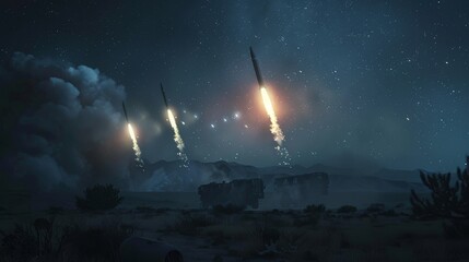 A chilling night scene of missile launchers firing salvos into the dark sky, ominous and powerful - obrazy, fototapety, plakaty