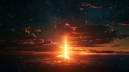 A chilling launch of a nuclear weapon, its path lit by a sinister glow under a star-studded sky - obrazy, fototapety, plakaty